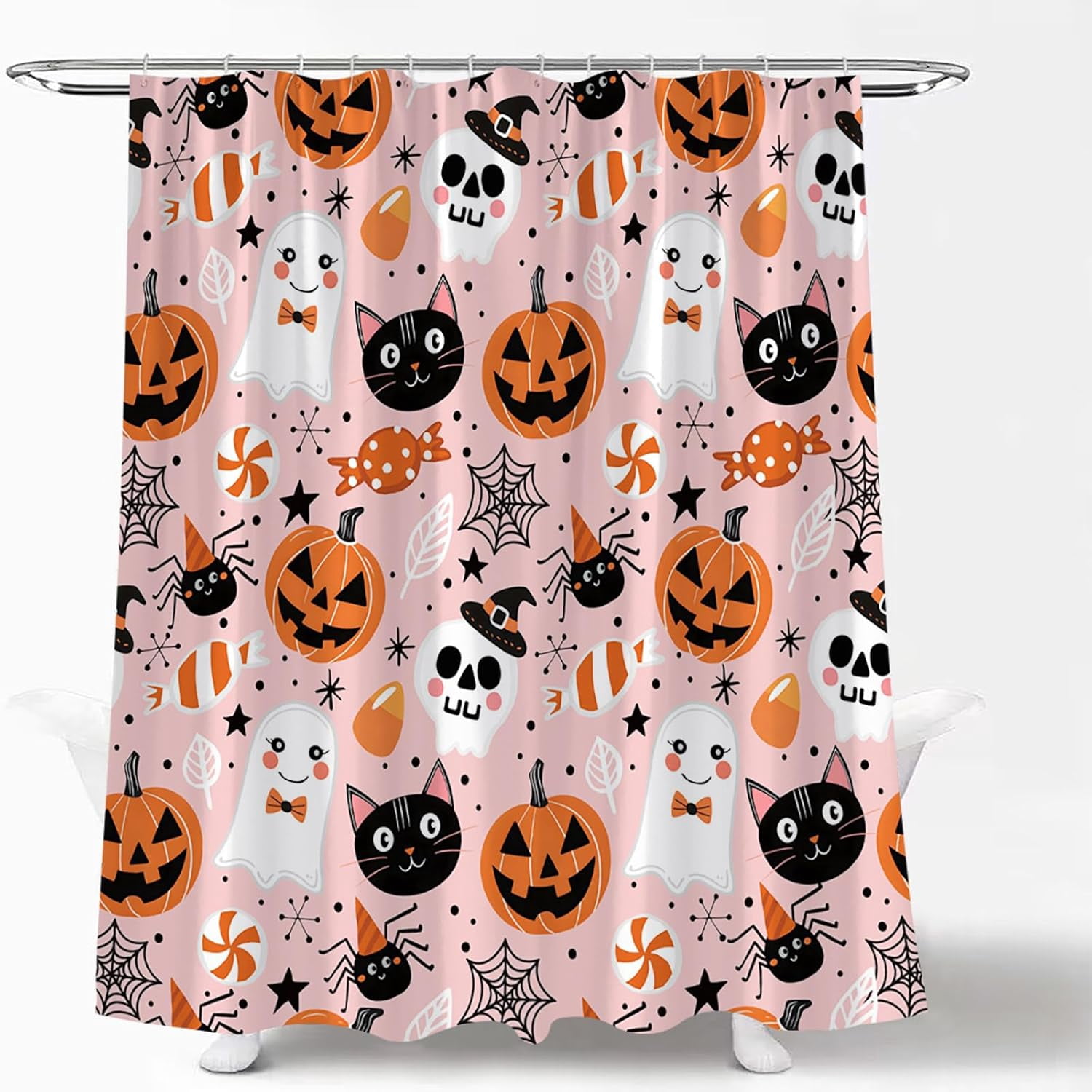 Happy Halloween Shower Curtain Cute Cartoon Pumpkin Spooky Ghost Orange Pumpkin Head Icons Funny Black Cat Spider‘s Web Skull Skeleton Witch Hat Fabric Bath Curtain Set with Hook
