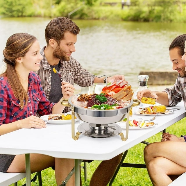 Historyli Juego de 4 platos de acero inoxidable para buffet,5 cuartos de galón,redondos,con soporte para tapa y tapa de cristal,para fiestas,bodas,camping y cenas. Borde dorado.
