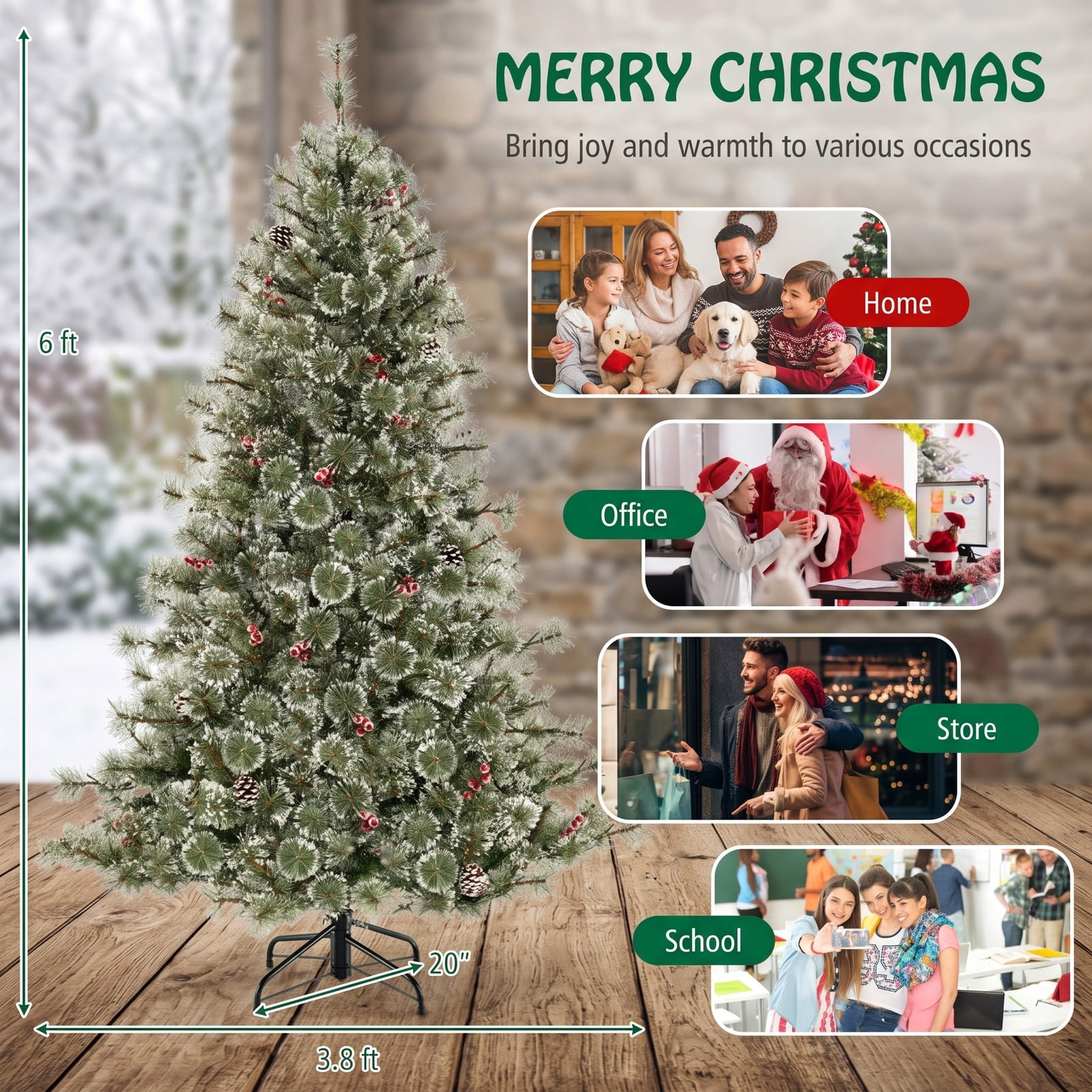 RUIE 6 FT Pre-Lit Artificial Christmas Tree, Hinged Holiday Tree with 350 Color-Changing LED Lights, 598 Branch Tips, Pine Cones and Red Berries, Quick Power, Green