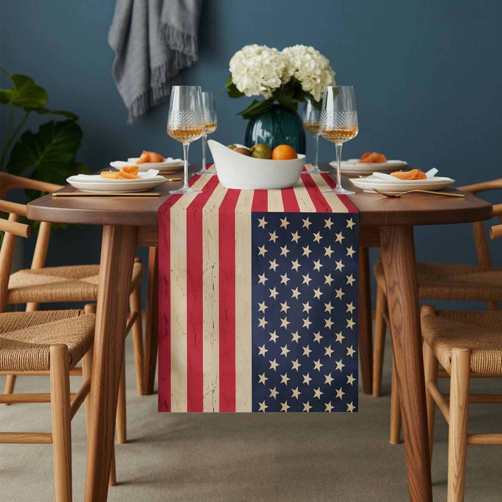Vintage American Flag Table Runner-70 Inch Long Red White Striped Table Runners Linen Burlap Tablerunner for Kitchen Dining Room Holiday Party