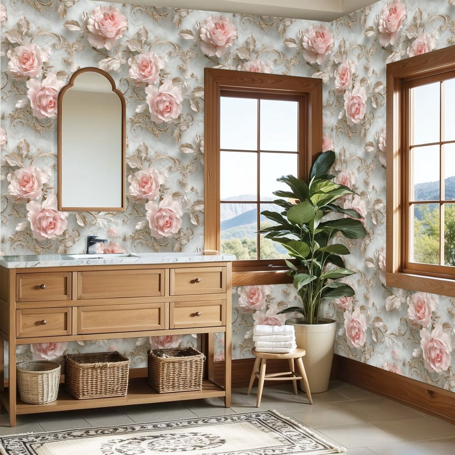Peel and Stick Wallpaper Elegant Rose Soft Pink Flowers Ornate Gold Detailing Wall Mural 23.6in x 9.8ft Self Adhesive Removable Wall Paper Renter Friendly Wallpaper for Bedroom