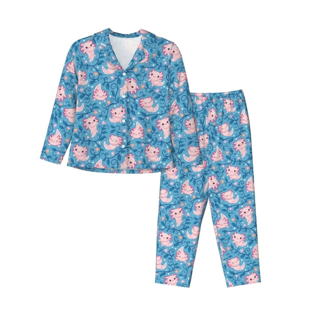 Balery happy baby axolotls Conjunto de Pijama con Estampado para Mujer, Conjunto de Dos Piezas con Manga Larga, Ropa de Dormir Suave con Bolsillos, Pijamas Cómodos-Small