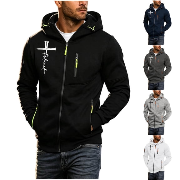 Men's Athletic Hoodies Solid Color Long Sleeve Zip Up Sweatshirt With Pockets Thick Casual Cross Letter Print Fleece Jacket for Daily Travel Outdoor