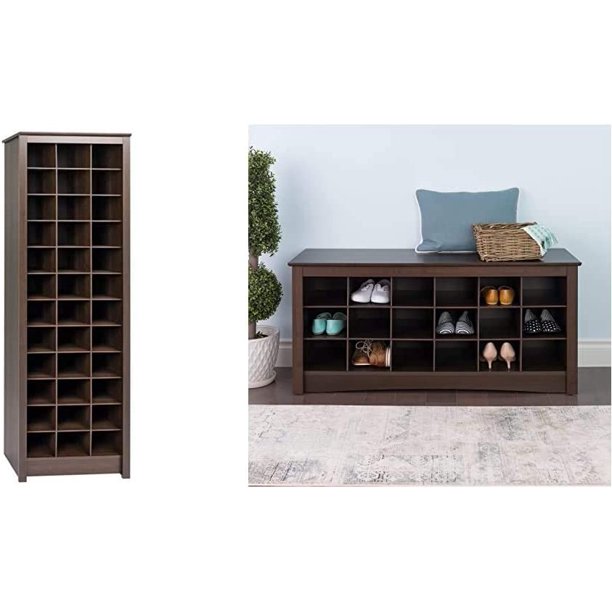 LUNX Shoe Storage 36 Pair Rack, Espresso & Shoe Cubbie Bench