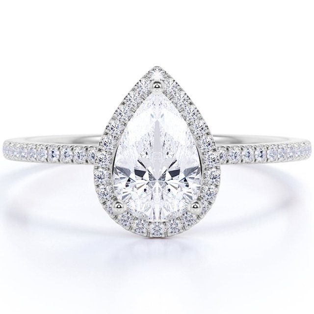 JeenMata Anillo de Compromiso con Halo de Moissanita en Forma de Pera de 1,25 Quilates en Oro Blanco de 18 K sobre Plata