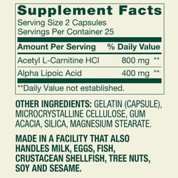 Spring Valley Acetyl L-Carnitine HCI 400 mg + Alpha Lipoic Acid 200 mg Capsules, 50 Count HSA/FSA Eligible