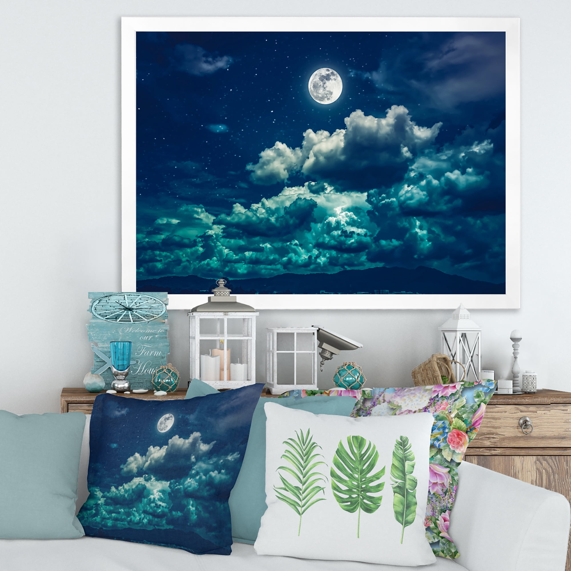 Designart 'Full Moon Night in Cloudy Sky II' Nautical & Coastal Framed Art Print