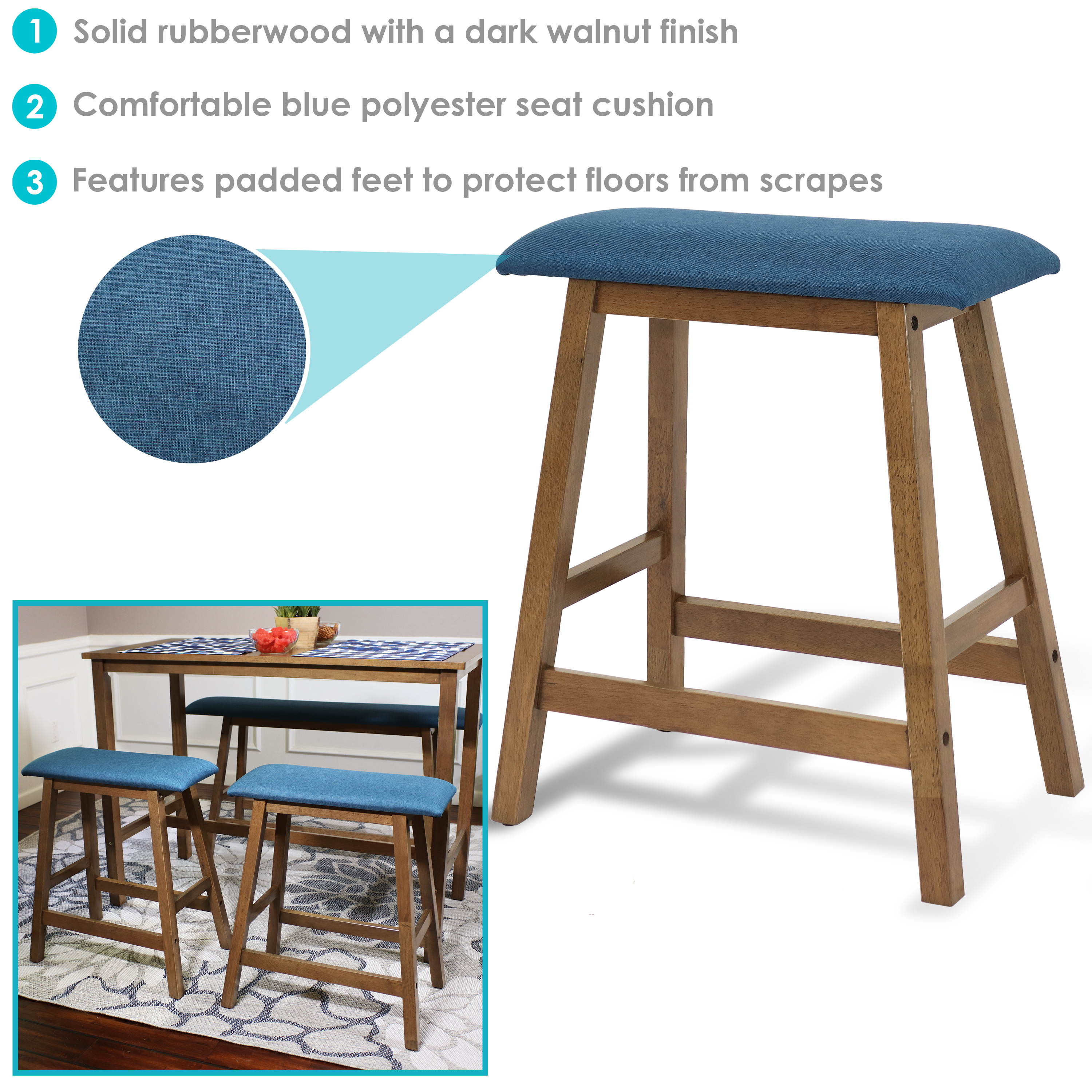 Sunnydaze Set of 2 Counter-Height Stools - Weathered Oak Finish with Blue Cushions - image 4 of 10