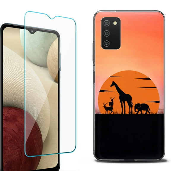 Slim-Fit Protective Fashion Phone Case (Black) for Samsung Galaxy A03s, with Tempered Glass Screen Protector, by OneToughShield ® - Sunset Safari