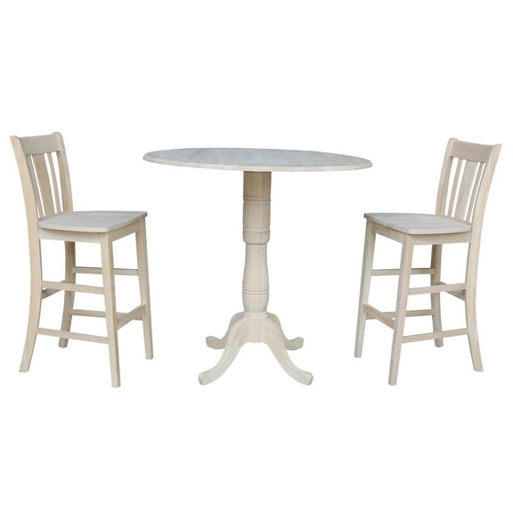 International Concepts Unfinished Solid Wood 3-Piece Set with 42 in. Round Top Bar Height Table and Two San Remo Slat Back Stools