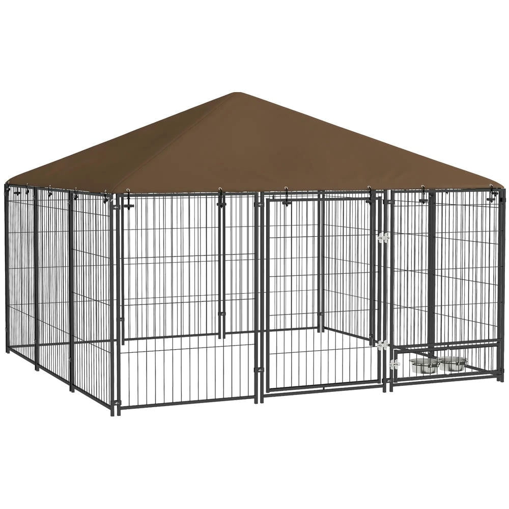 GVN Dog House, Dog Shelter,Outdoor Dog Kennel with Canopy Garden Playpen Fence Crate Enclosure Cage, Coffee