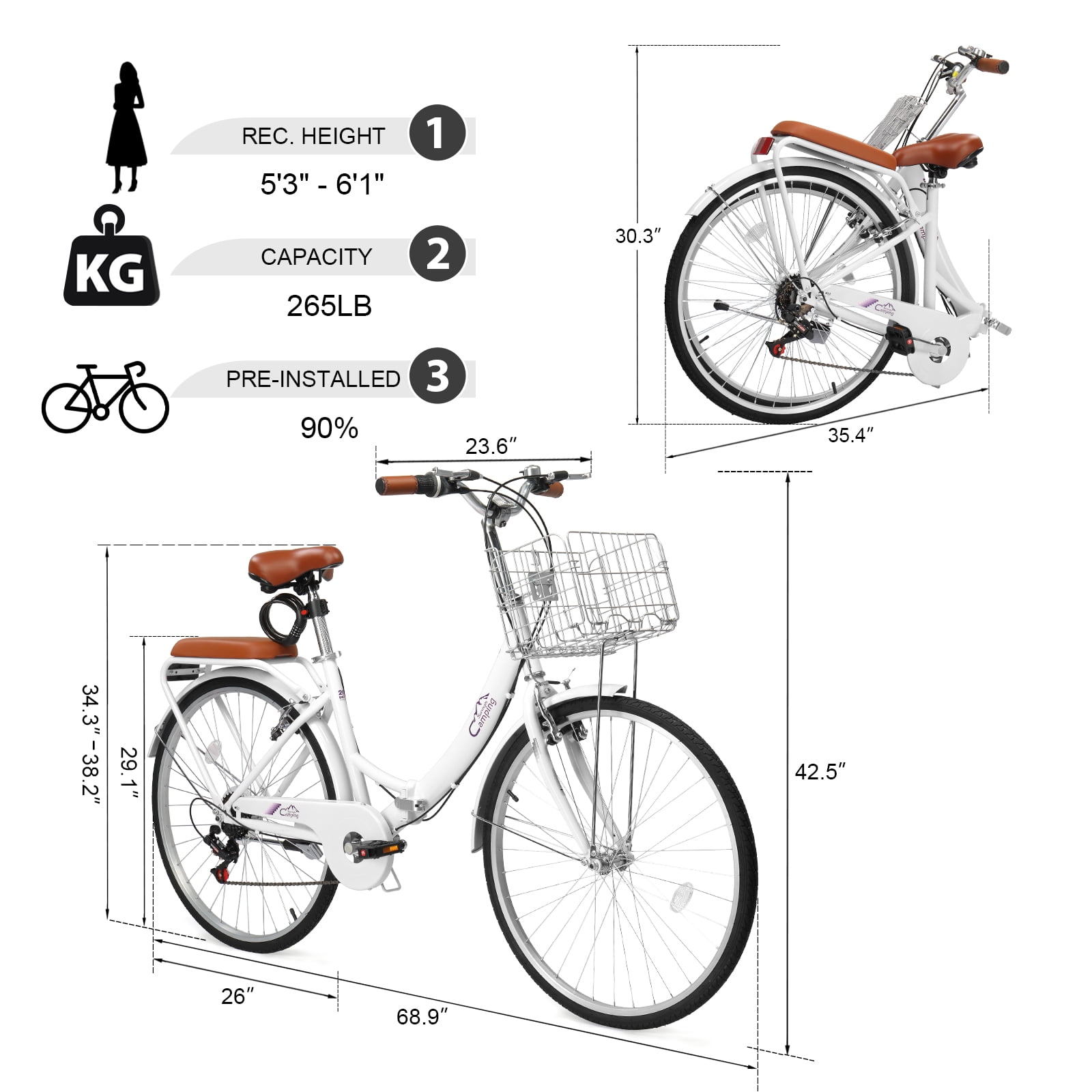 Ktaxon 26 Inch Folding Beach Cruiser Bike, 7 Speed Womens Bike with Foldable Basket, Lock & Rack, White