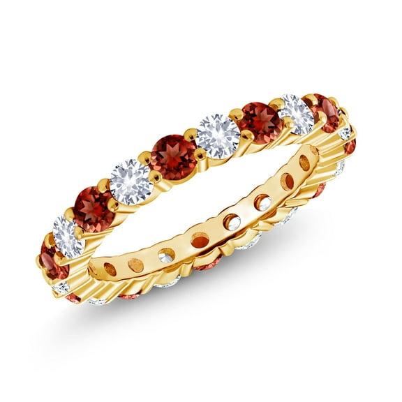 Gem Stone King 1.50 Cttw Round Red Garnet and White Created Sapphire 18K Yellow Gold Plated Silver Eternity Band Ring for Women | Gemstone Birthstone (Size 9)