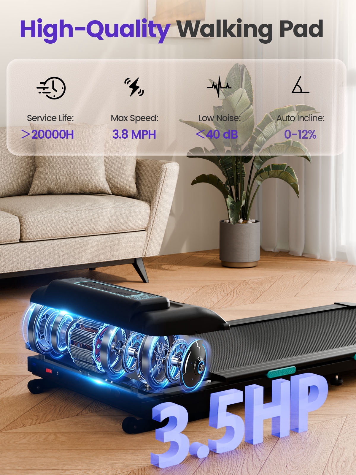 Chiccushion Auto Incline Treadmill, 3.5hp, 450 lbs, 0.6-6.8 mph Speed, 12 Percent Incline,Remote Control, Led Display & App Connect for Home Use