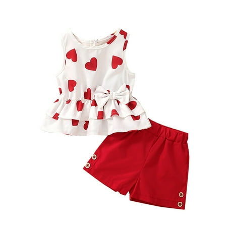 

Kids Toddler Baby Girls Sleeveless Bowknot Love Print Ruffled Tops Solid Shorts Pants Outfits Set Baby Swaddles for Girls Baby Girl Outfits for