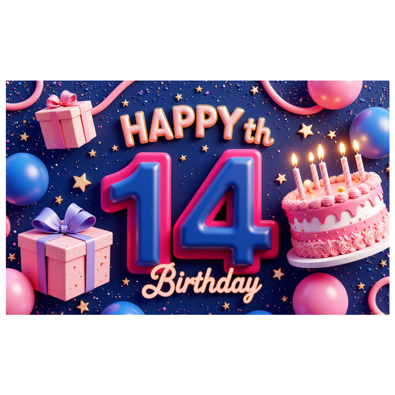 Decorative Design Birthday Banner Cake Decoration Happy 14th Party Backdrop Polyester Material for Birthday Party Celebration Kids Party