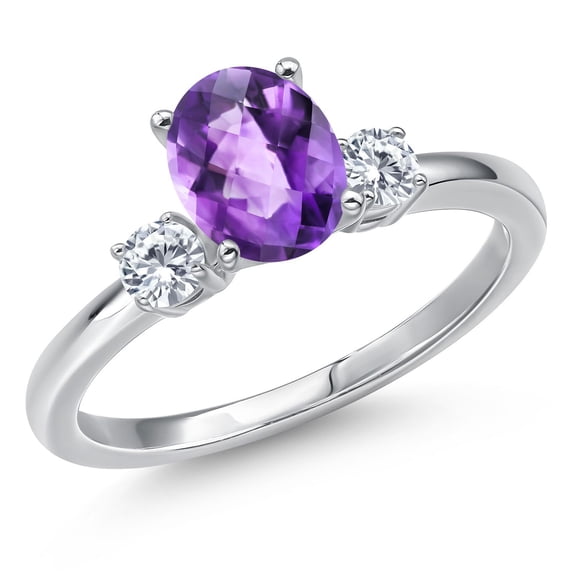 Gem Stone King 14K White Gold Purple Amethyst and Moissanite Engagement Ring for Women | 1.40 Cttw | Oval Checkerboard 8X6MM | Gemstone February Birthstone | Size 8