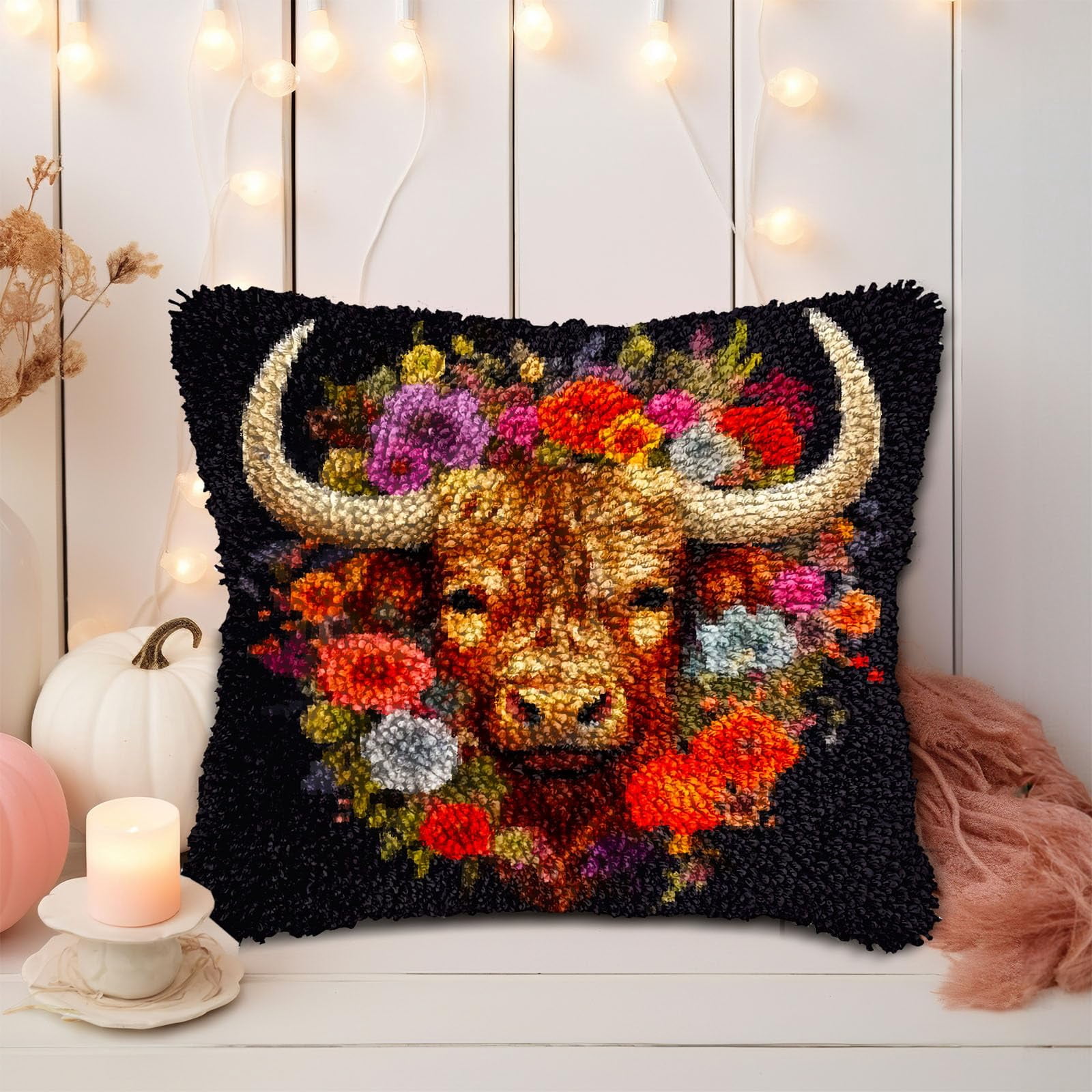 Cute Highland Cattle in Flowers DIY Latch Hook Pillow Kits for Adults Printed Pillowcase Crochet Yarns Hooking Handmade Pillow Cover Cushion for Home Sofa Decoration 17x17inch