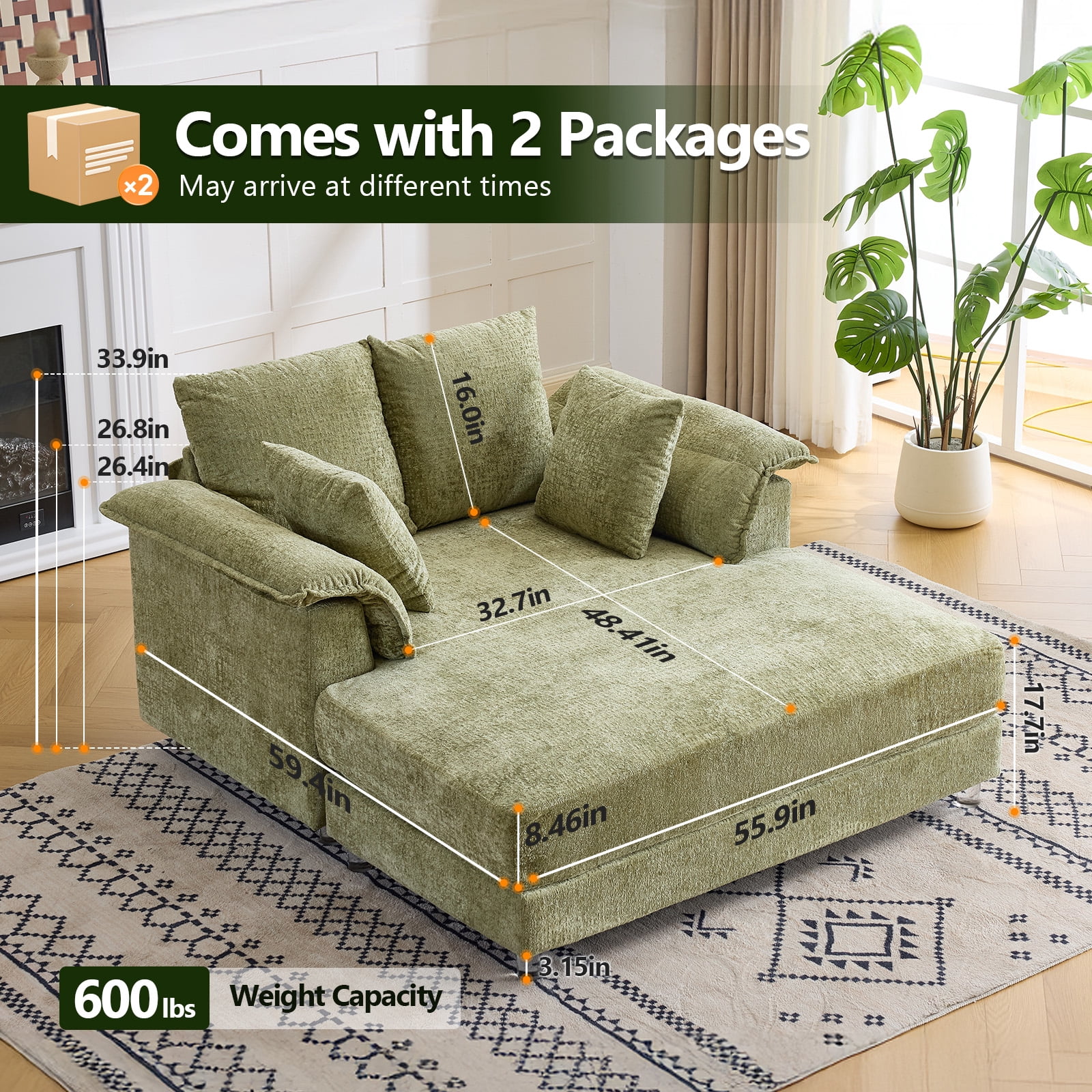 Ktaxon Jacquard Plush Fabric Chaise Lounge, Sofa Bed with Acrylic Legs, Floating Sleeper with Pillow Armrest, 2-Person Seating for Living Room & Game Room Green