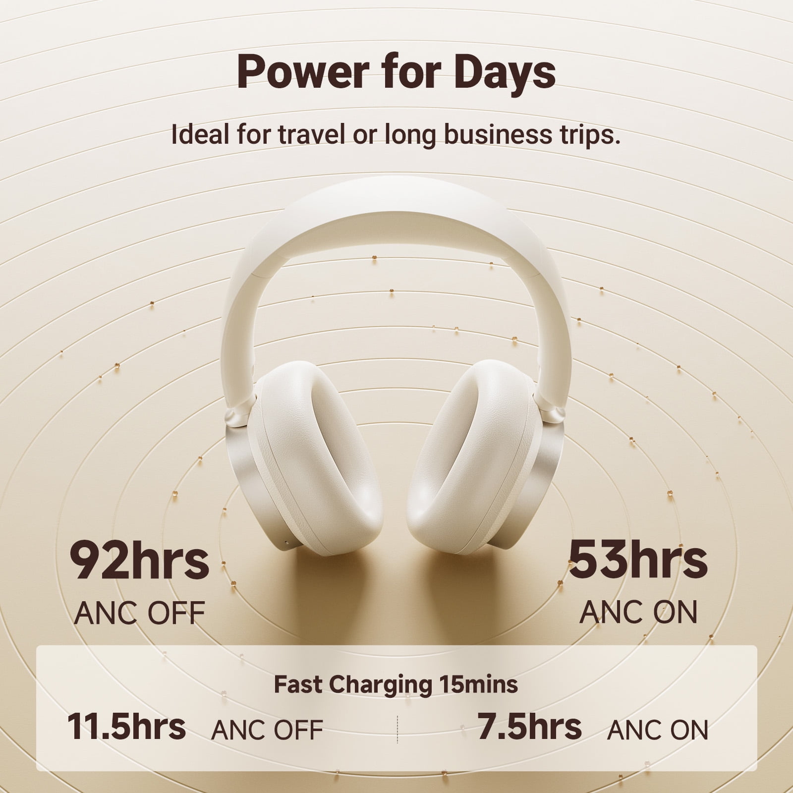Edifier Bluetooth Active Noise Cancelling Headphones, 92H Playtime Hi-Res Audio Certified, Fast Charging - Ivory