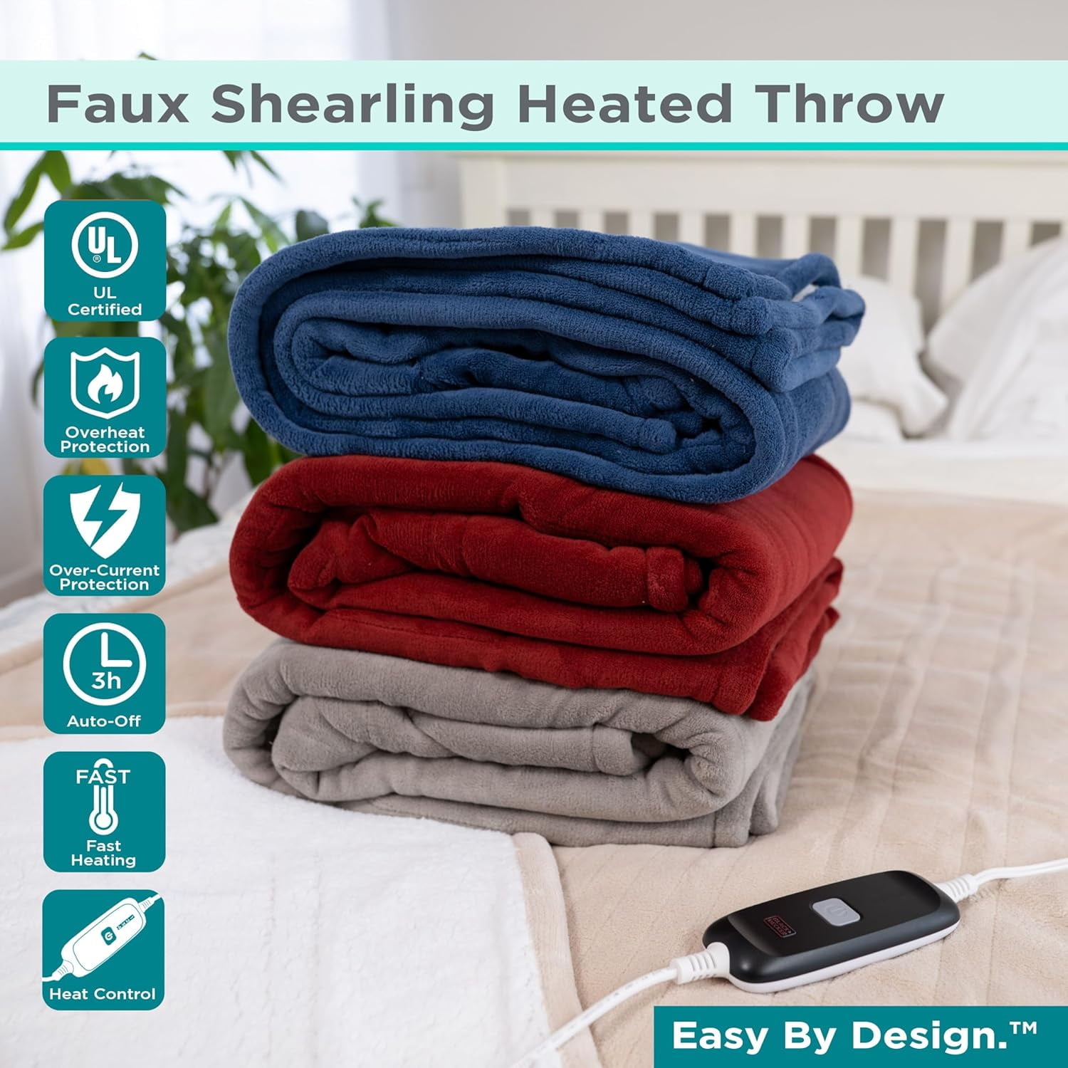 BLACK+DECKER Heated Blanket Electric Throw, 4 Heating Levels, 3H Timer, Auto Shutoff, 50x60 inches, Faux Shearling, Grey