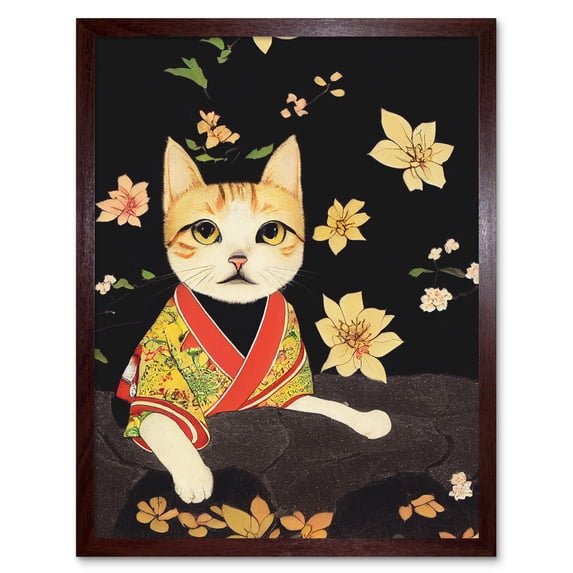 Cute Ginger Cat In Red And Yellow Kimono Sitting On A Bed Of Rocks With Flowers Art Print Framed Poster Wall Decor 12x16 inch