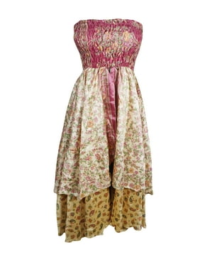 Mogul Women Beige Pink Long Skirt Printed Dress Recycled Sari Flared Skirt, Hi Low Dresses, Strapless Dress, Two Layer Skirt S/M