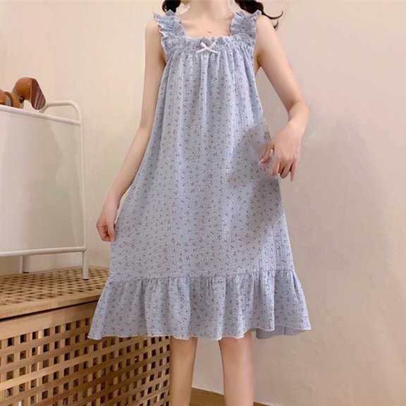 Sleep Dress for Women Cute Floral Print Nightgown Womens Ruffle Strap Bow Soft Midi Pajamas Dress Flowy Sleepshirts Blue XL