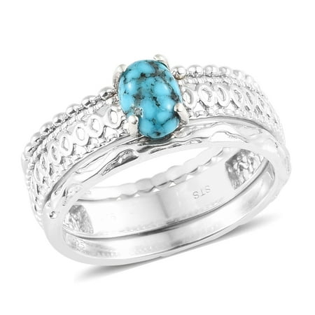 Handcrafted 925 Silver Turquoise Ring 925 Sterling Silver Platinum Plated Oval Turquoise Statement Ring for Women Jewelry Gift ()