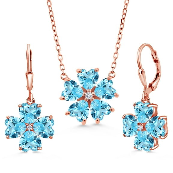 Gem Stone King 18K Rose Gold Plated Silver Swiss Blue Topaz and White Zirconia Pendant Earrings Jewelry Set for Women (12.40 Cttw, Heart Shape 6MM, with 18 inch Chain)