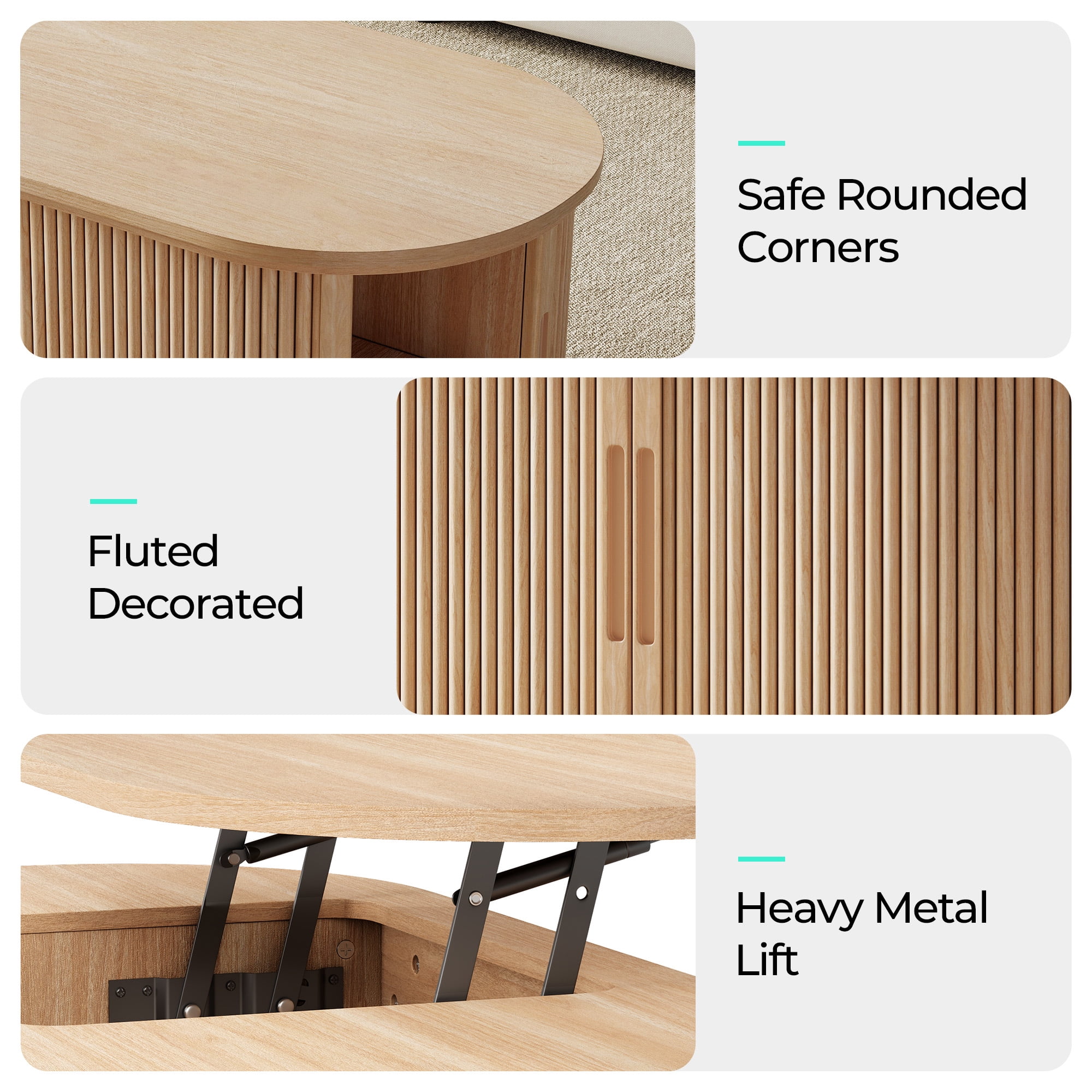 Linsy Home Lift Top Coffee Table with Storage, Fluted Coffee Table for Living Room with Open&Hidden Storage Space, Oak