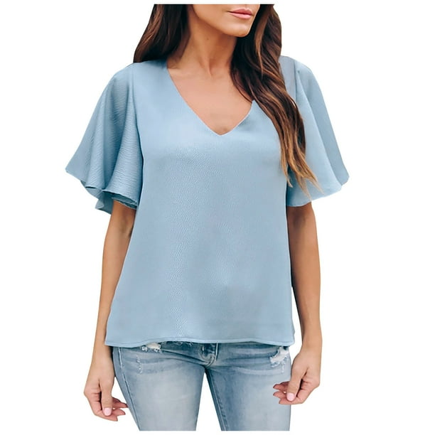 Women's Fashion Chiffon Tops Summer V-Neck Short Sleeve Solid