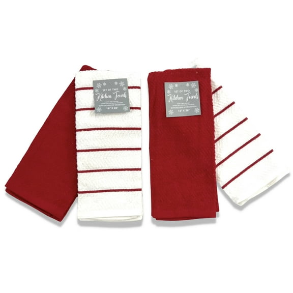 Red And White Solid And Striped Chevron Kitchen Towels Set Of 4, 16" x 26"