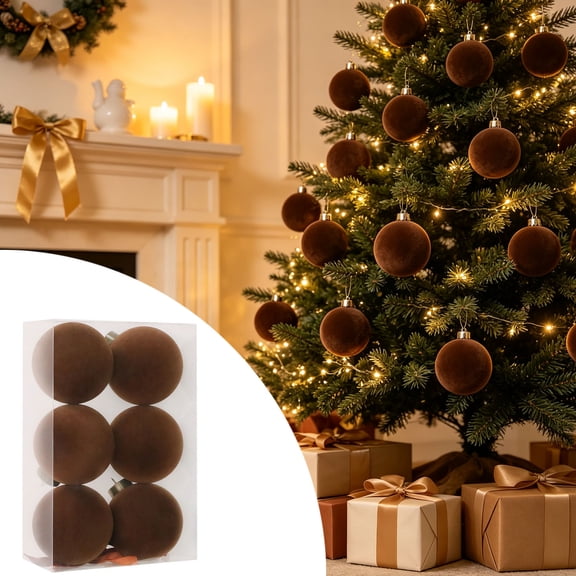 Rysoverian 6 Pack Flocked Christmas Ball Ornaments, Brown Velvet Foam Baubles for Tree Wreath Holiday Decoration