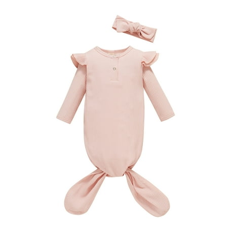 

Newborn Baby Boy Girl Knotted Gowns Long Sleeve Printed Sleeping Bag Coming Home Outfit Nightgown Pajamas Hat Set