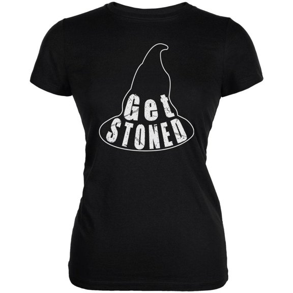 Halloween Witch Hat Get Stoned Pun Juniors Soft T Shirt Black LG