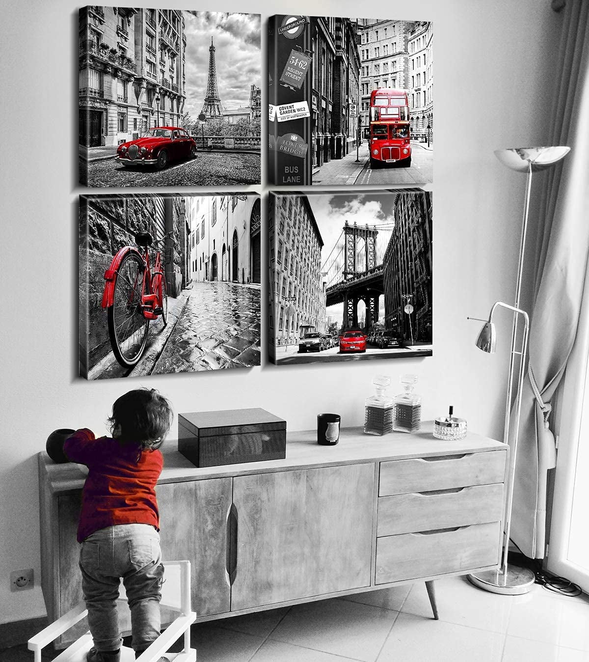 Black and White City Wall Art Red Paris Wall Decor for Bathroom Living Room New York London Italy Cityscape Pictures Canvas Prints Modern Framed Artworks Bedroom Office Kitchen Decorations 16×16" 4 P
