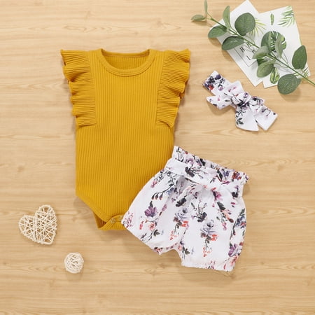 

AURIGATE Toddler Kids Baby Girls Ruffle T shirt Tops Floral Shorts Headband Outfits Set Clearance