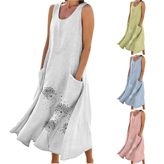 Jacenvly New Casual Summer Dresses for Women New Women'S Sleeveless Cotton and Linen Round Neck Printed Long Dress Lightweight Loose Dresses for Women Blue