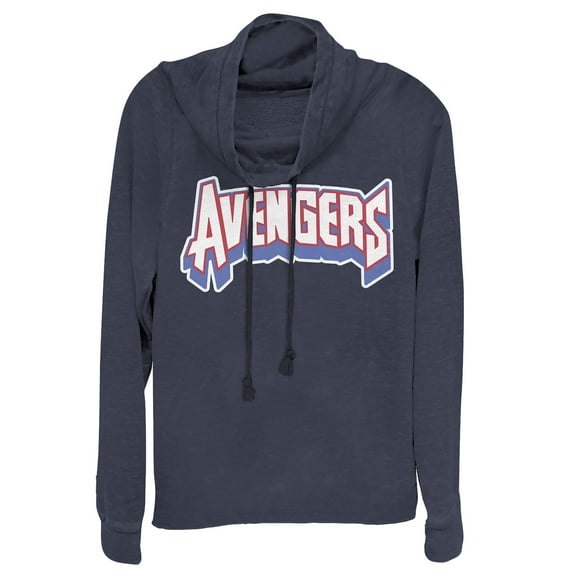 Junior's Marvel Avengers Text  Cowl Neck Sweatshirt Navy Blue Medium