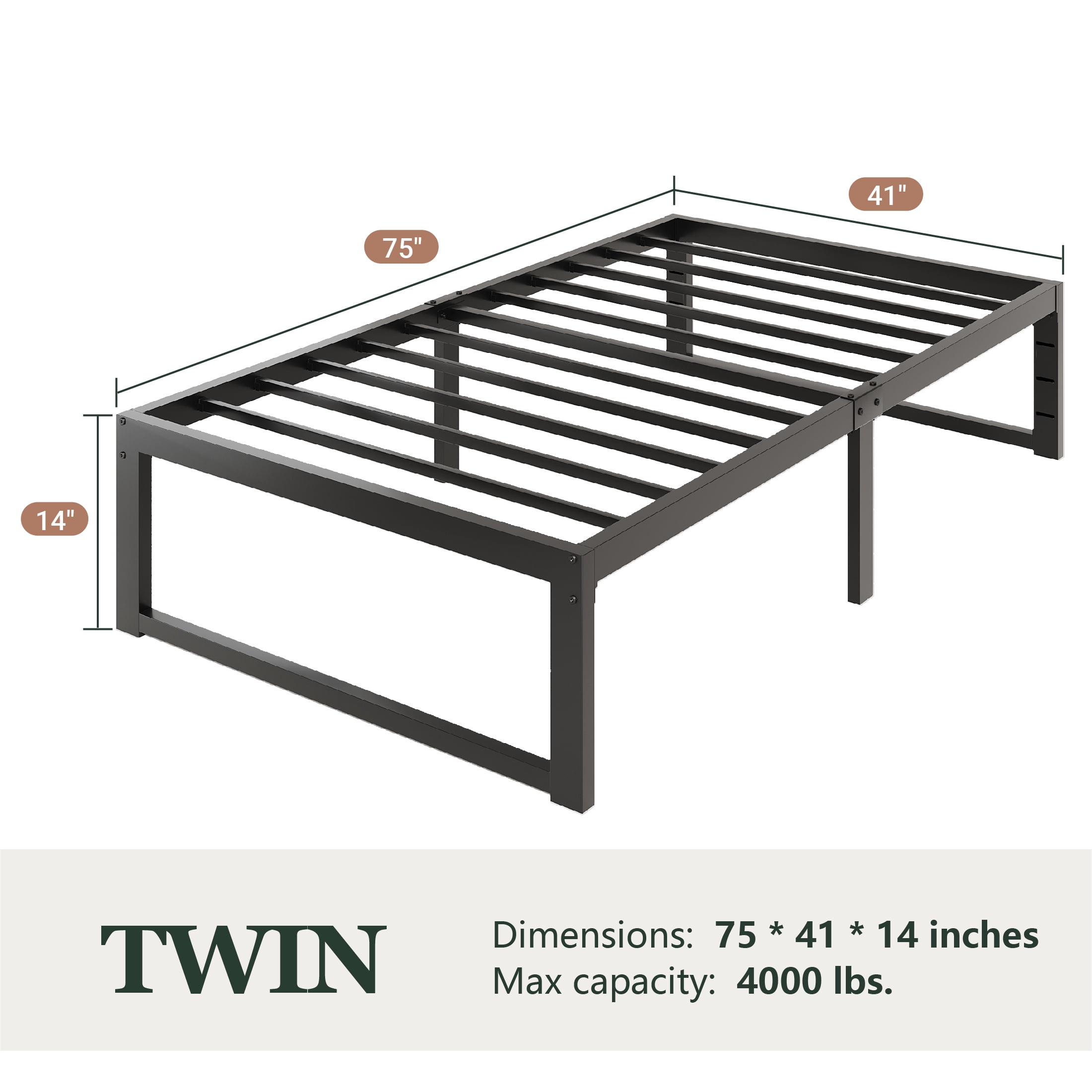 Amolife 14" Twin Bed Frame Metal Platform Bed with Ample Storage Space Under Frame, Heavy Duty, Black