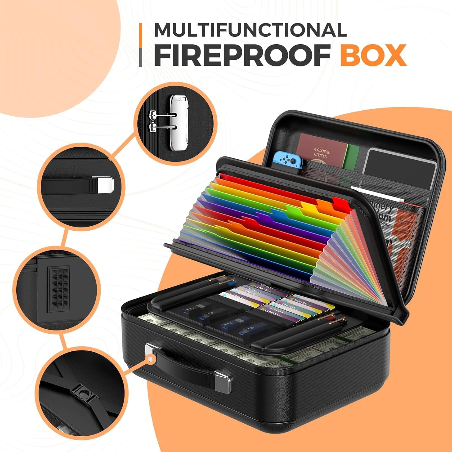 ASKITO Fireproof Document Box, Portable Hard Case Fireproof Box with Lock, Fireproof Water Resistant Safe Box File Organizer for Important Documents Certificates Laptop Passports, Black