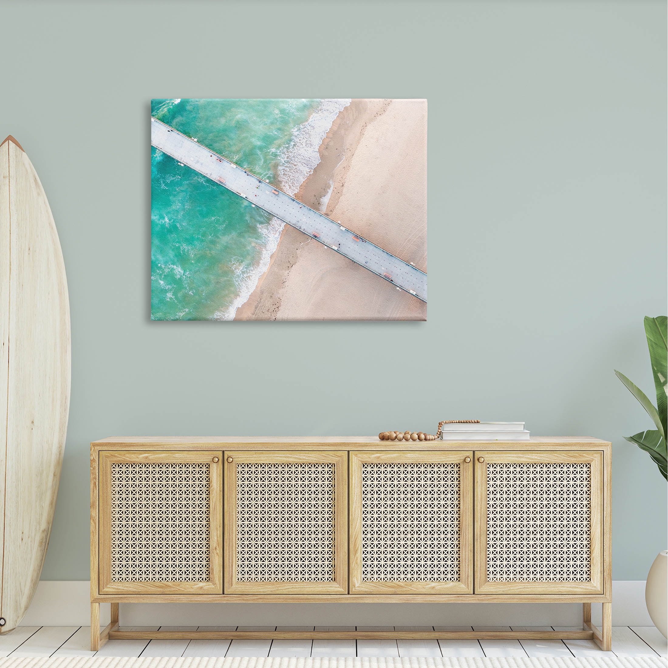 Aerial Ocean Beach Bridge Coastal Photograph Gallery Wrapped Canvas Print Wall Art