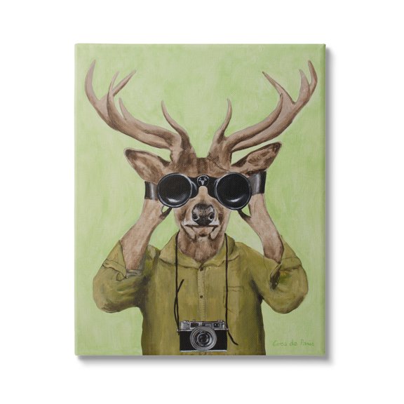 Stupell Industries Funny Cute Deer Binoculars Camera Painting Green Background Gallery-Wrapped Canvas Print Wall Art, 36x48, by Coco de Paris