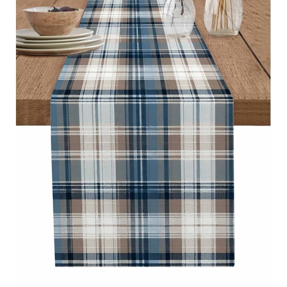 Blue Brown Plaid Table Runner 72 Inches, Vintage Abstract Stripes Lattice Bed Runner Dresser Scarves Tabletop for Indoor Outdoor Parties/Ceremony/Banquet, 18" x 72"