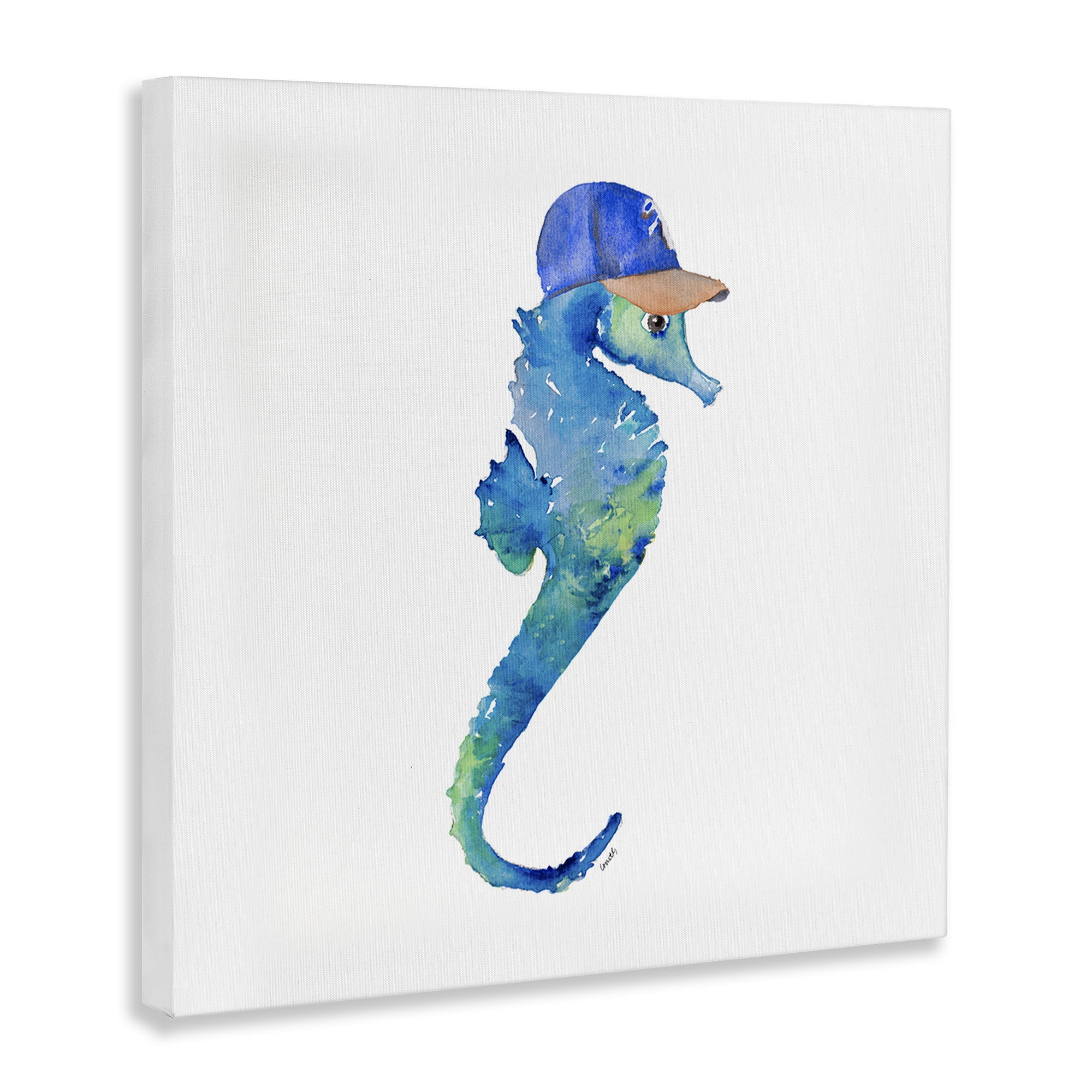 Stupell Industries Blue Seahorse in Hat Novelty Painting Gallery Wrapped Canvas Art Print Wall Art, 17 x 17