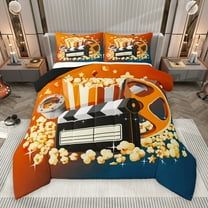 Manfei Orange Movie Theater Bedding Comforter Set for Teens, Cartoon Cinema Popcorn Twin Comforter Sets, Retro Night Filmstrip Reversible Bedding Set, Luxury Bedroom Decor, 2 Pieces