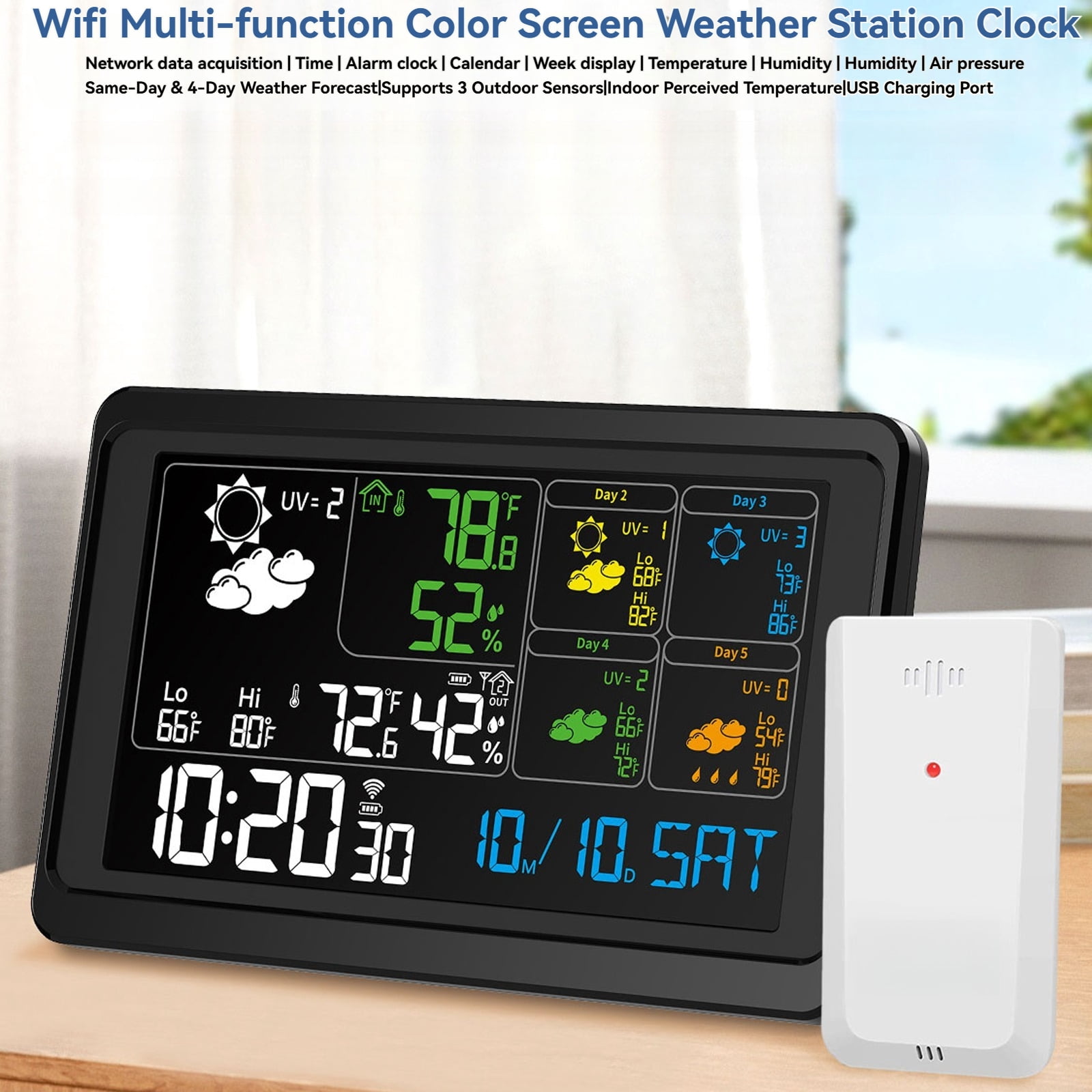 Color Screen WiFi Weather Station Clock - Indoor/Outdoor Thermometer Hygrometer Barometer with 5-Day Forecast | Supports 3 Sensors, 1 Included, USB Charging & Wake-Up Alerts