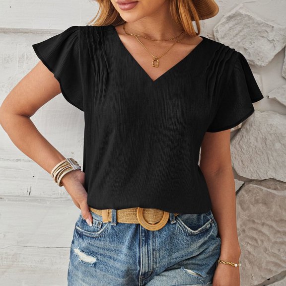 ClodeEU Women's Summer Ruffle Short Sleeve Shirt ,V Neck Casual Loose Chiffon Blouses Black,Womens Plus M