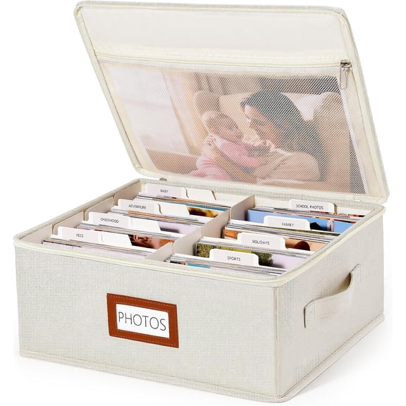 Photo Storage Box, Photo Organizer for 2000 4x6 Pictures, Linen Keepsake Box with Zipper Lid